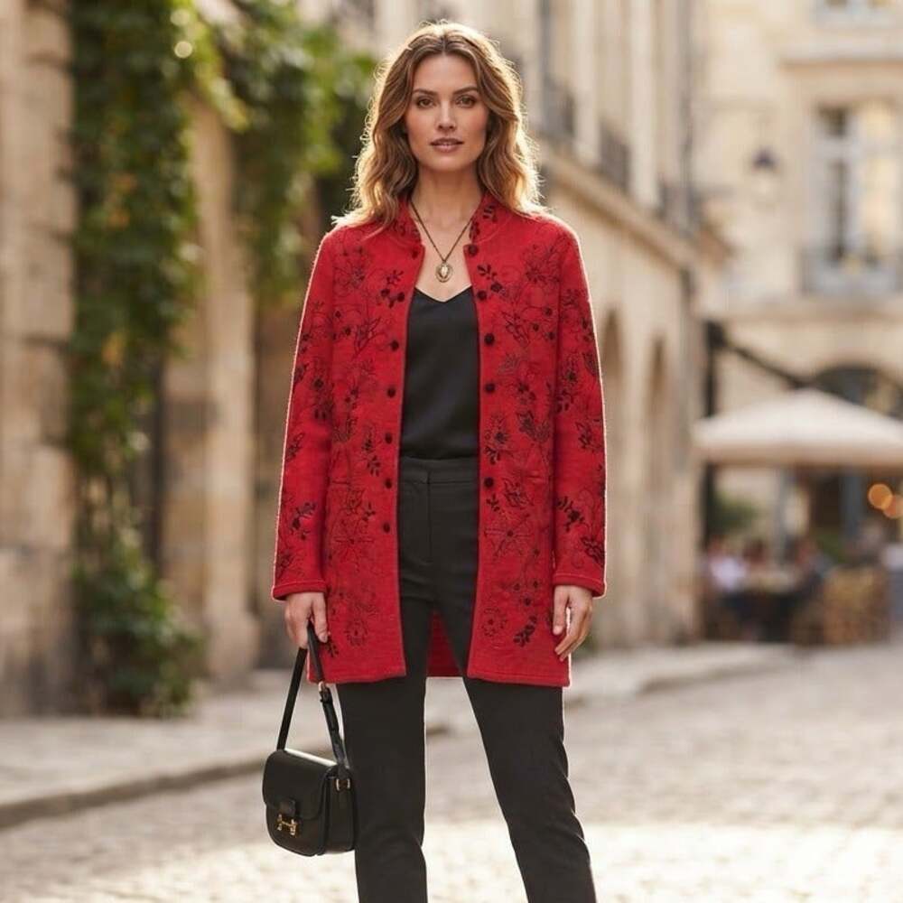 Vintage 100% Wool Sz M Red Embroidered Floral Long Jacket Sweater Carole Little